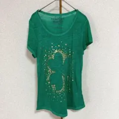 レディース クローバー柄 Tシャツ グリーン 【M】ラメプリント レイヤード