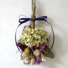 ドライフラワー スワッグ 青リボン 約22cm 壁飾り インテリア花雑貨