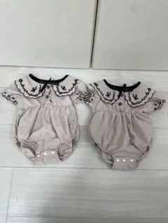 0-3m ベビー ロンパース女の子双子 襟刺繍 ベージュ