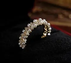 ①パール ジルコニア ゴールド 指輪 リング フリーサイズ オープンリング