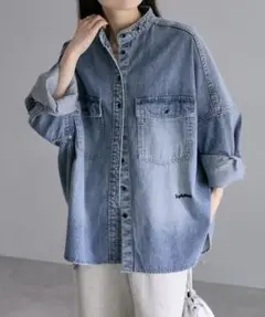 pual ce cin ヴィンテージライクデニムバンドカラーシャツ