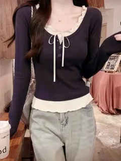 SHEIN リボン付き フリル 長袖トップス ショート丈 ネイビー