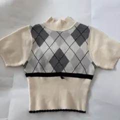 SHEIN アーガイル柄半袖ニット XS オフホワイト✖️グレー クロップド丈