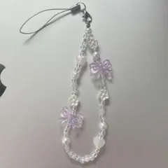 791韓国　ビーズストラップ　ビーズキーホルダー　パープル　紫　推し色　リボン
