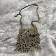 ZARA　フリンジ　ショルダー　バック　スエード　カーキ