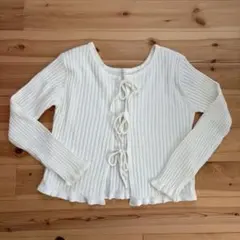 リブ編み　カーディガン リボン　白　フリル