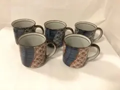 美濃焼 愛陶 和柄マグカップ 5客セット 藍色・赤色 パッチワーク 七宝文様
