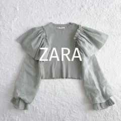 ZARA パフスリーブ コントラストフリルトリム付きニット リブ 長袖 緑