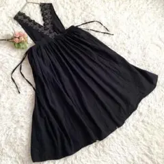 サマンサモスモス スカラップ刺繍 エプロン ワンピース リネン混 ブラック M