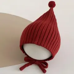 ニット帽 ベビー ポンポン とんがり帽子 リブ編み 赤 小人帽子 冬用 かわいい