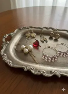 アンティークコットンパール＆アクリルハート／ガラスビーズフープ2点セット