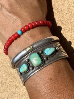 M 14-17cmアンティークホワイトハーツビーズブレスレットターコイズシルバー