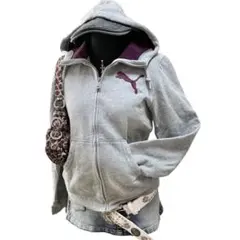 Y2K PUMA パーカー 平成ギャル ロゴ刺繍 裏フリース 00s グレー