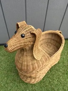 【希少】ラタン製 ドッグ型 バスケット 小物入れ 犬型 収納