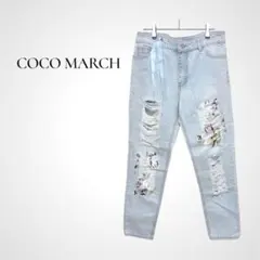かわいい★ダメージ加工 テーパードデニム M ライトブルー 花柄 リボン 韓国服