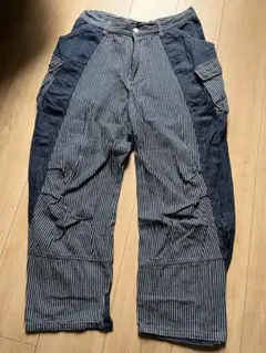 チャイハネ　切り替えデザイン ワークパンツ デニム ヒッコリーストライプ