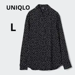 美品 UNIQLO L レーヨン プリントブラウス 長袖　ドット柄 とろみ感