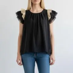 tocco closet 半袖ブラウス ブラック×ベージュ　トッコクローゼットのサムネイル