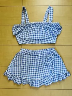 キッズ　女の子　青と白のギンガムチェック水着　ビキニ　水着