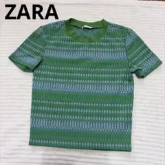 ZARA サマーニット　半袖ニットトップス グリーン系 ボーダー柄 カジュアル