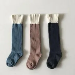 筒口波デザイン 上品な色組み合わせ落ち着く子供ハイソックス