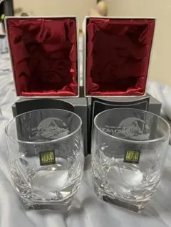 HOYA CRYSTAL 4面Ｑカットロックグラス 彫り絵有り 2個セット