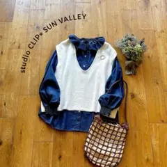 スタディオクリップ×サンバレー＊コットンニットベスト オフ白 Uネック