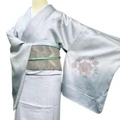 A59【美品】三越 着物 夏着物 絽 付け下げ 一つ紋 雪輪 刺繍 花 豆緑