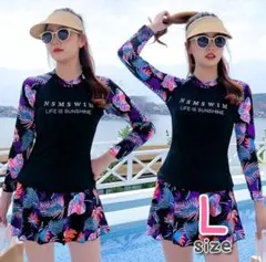 ラッシュガード 水着 レディース　セパレート  花柄 長袖 上下 タンキニ　黒L