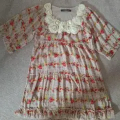 花柄五分袖シフォンチュニック ベージュピンク M フリル。