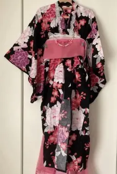 牡丹*リボン柄　浴衣　京都瑠璃雛菊　5-6才　110 黒　5点セット　天使の帯