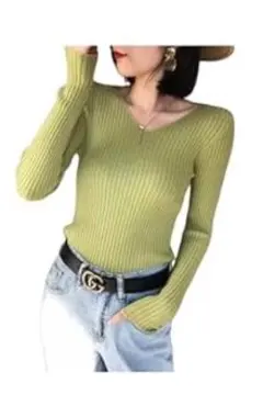 オリーブグリーン Vネック 長袖リブニット