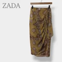 【ZADA】総柄 ラップスカート ロング丈 日本製 エスニック　ブラウン系