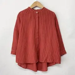 無印良品 リネン 洗いざらしスタンドカラー七分袖ブラウス M 赤ストライプ