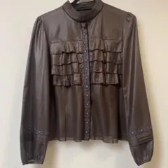ヒロコビス　ブラウン 長袖 シャツ フリル刺繍のサムネイル