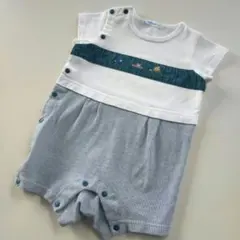 美品★現行品★70cm familiar 白×紺ジャガード 半袖ロンパース