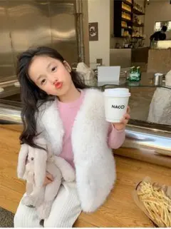 女の子 ノーカラーファー ベスト ジレ 洋風 キッズ ホワイト 100サイズ