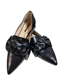 ZARA リボン付き ポインテッドトゥ フラットシューズ クロ