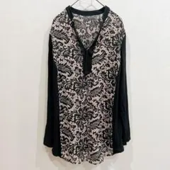 切替デザイン レースプリントシフォンチュニック 【M】ブラック×ピンクベージュ