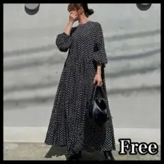 水玉　レトロ　総柄　ワンピース　スタンドカラー　ぽわん袖　体型カバー　黒　長袖