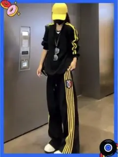 ブラック ‪✕‬イエローストライプ パンツセットアップ L ユニセックス