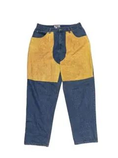 90s インディゴバギーパンツ　レザーパッチ ダブルニー
