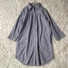 HusHusH　チュニック丈ストライプ七分袖シャツ　3　白×ブルー◆A700