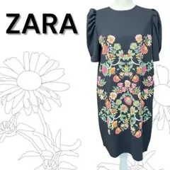 ZARA★ザラ★ポワン袖★フラワープリント★ミドルワンピース★ブラック★S
