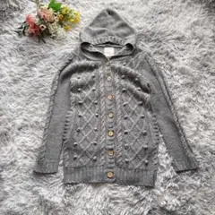 イッカ　ケーブル編みカーディガン　【L】　グレー　フード付き　ポンポン　ウール混