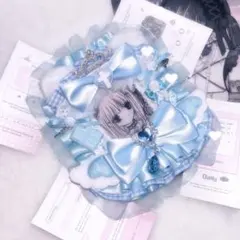 142 硬質ケース トレカケース レースデコ 白×水色 ブルー 青 ねこ