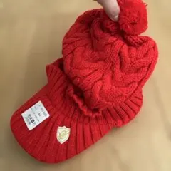 efficase ゴルフニット帽 レッド ポンポン付き ケーブル編み
