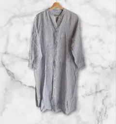 無印良品　ストライプ　長袖　リネン100%シャツワンピース