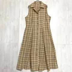 バックギャモン　オープンカラー チェックワンピース　ベージュ　9号