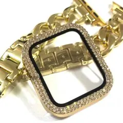 アップルウォッチ　チェーンバンド　CZダイヤカバー　イエローゴールド　キラキラ